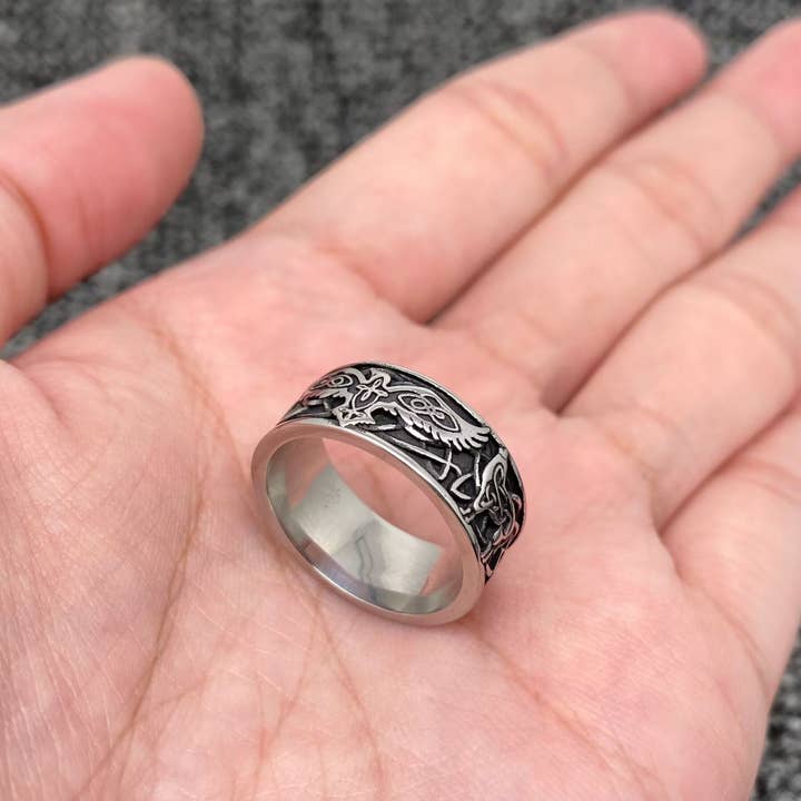 Mio Queena - Wholesale Band/Stacked Ring - Viking Eagle & Wolf Celtic Knot Stainless Steel Ring - MJ/MR