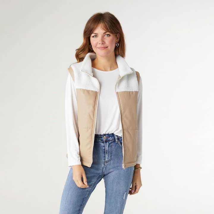 COCO + CARMEN - Wholesale Outerwear Vest - Women's - Yona Mixed Sherpa Pleather Vest