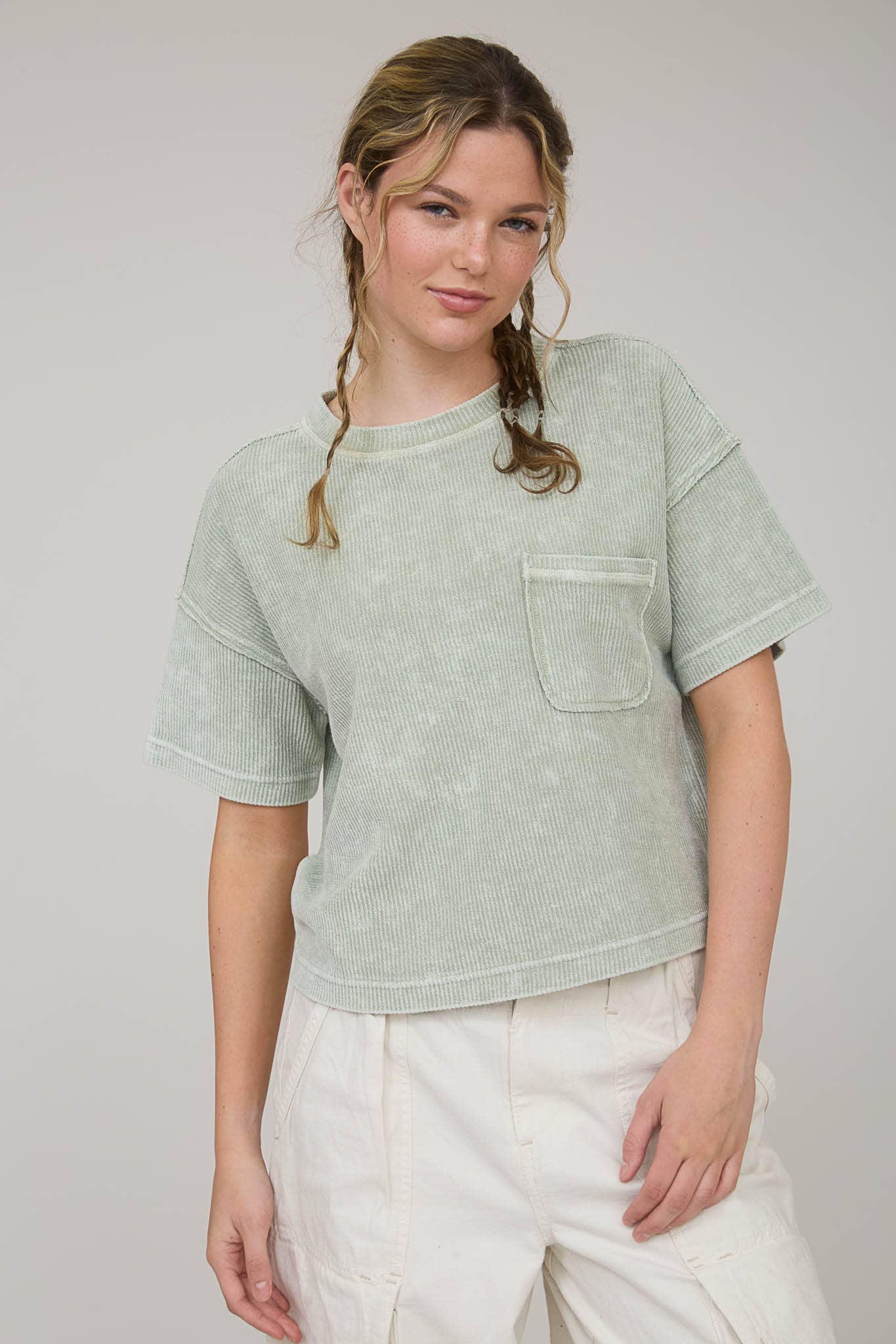 J.O.A - Wholesale Knit Top - Women's - WASHED RIBBED SHORT SLEEVE TEE WITH POCKET12