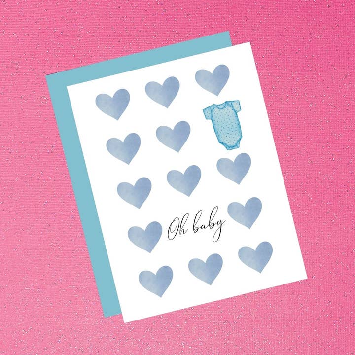 Oh Baby - Blue Hearts - Carte New Baby Boy pour la vente par Tiffany Ascensio Designs | Watercolor Greeting Cards