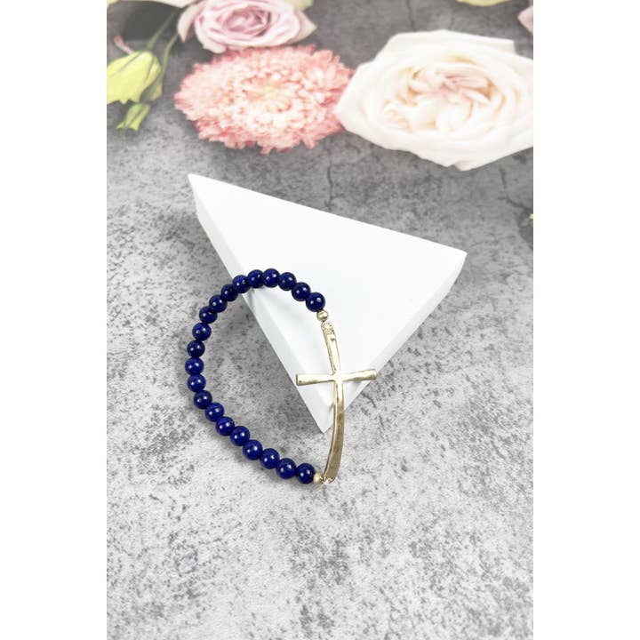 JHP Collection - Wholesale Beaded Bracelet - RELIGIOUS METAL CROSS STONE BEADED BRACELET