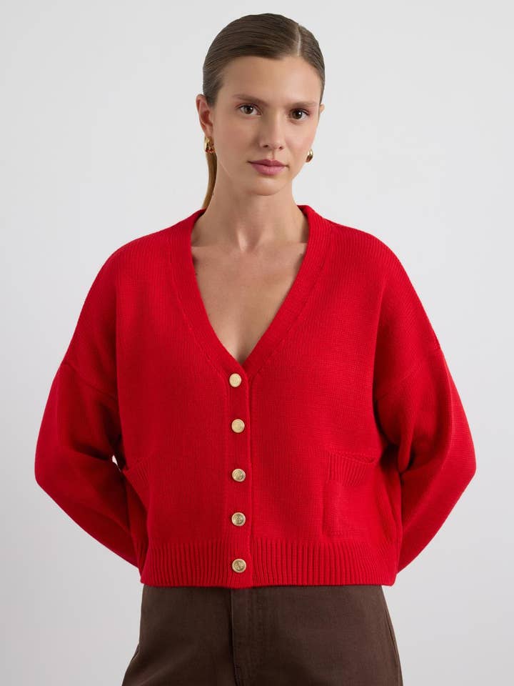 Cardigã de Malha com Botões Dourados Vermelho por atacado de Kadriye Baştürk