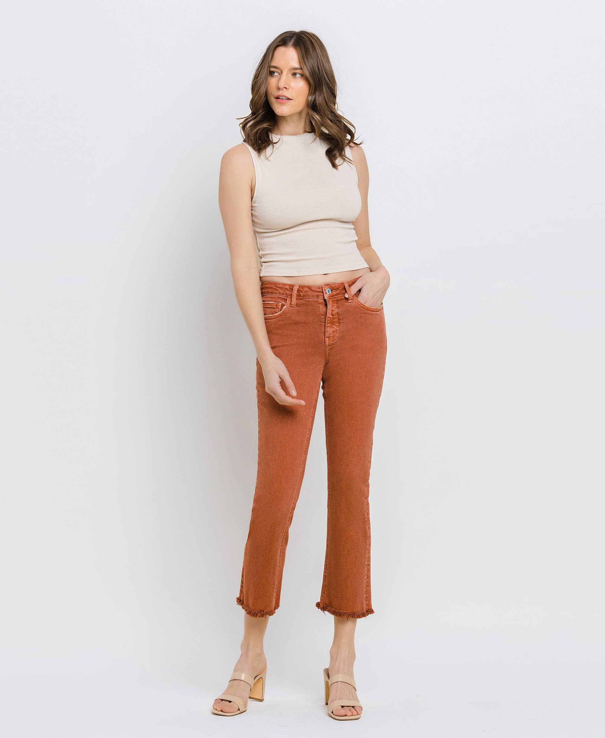 BAKED CLAY MID RISE FRAYED HEM CROP SLIM STRAIGHT JEANS V3500BKC for wholesale on Faire3