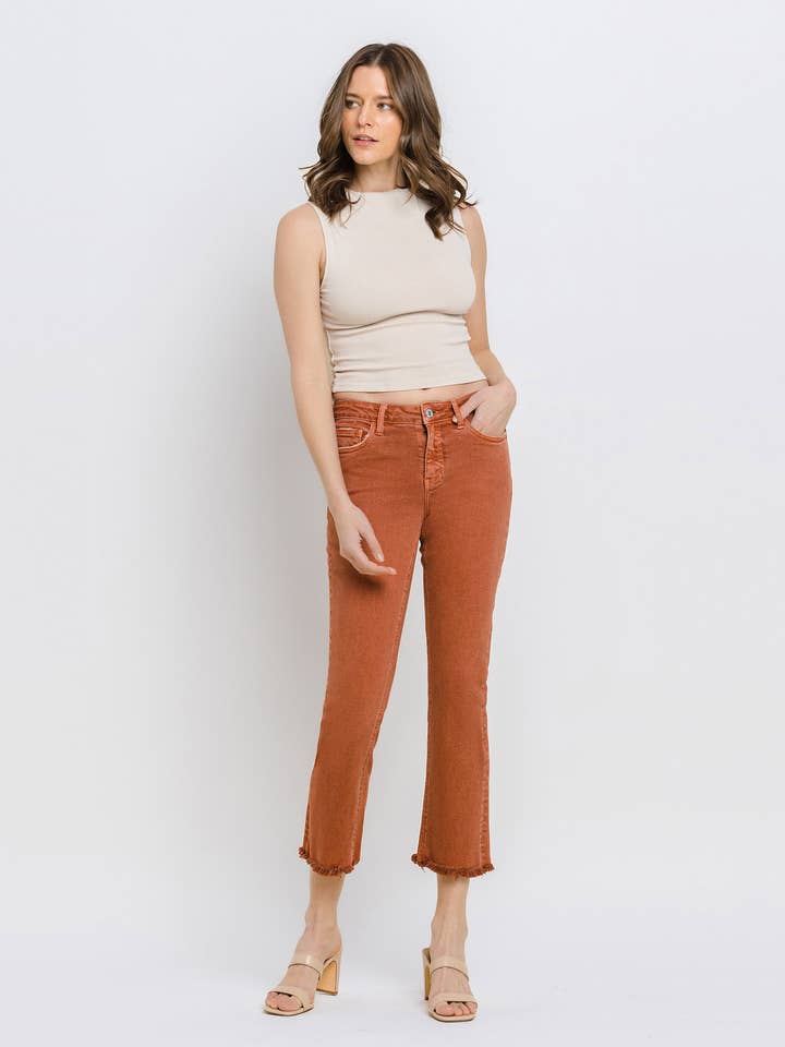 BAKED CLAY MID RISE FRAYED HEM CROP SLIM STRAIGHT JEANS V3500BKC for wholesale on Faire3