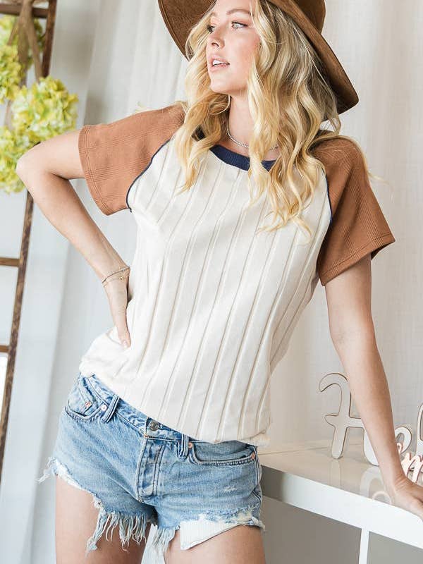 MUSTARD CREAM T1380 OUTLET SALE Merrow Stitch Soft Rib Knit Top for wholesale on Faire