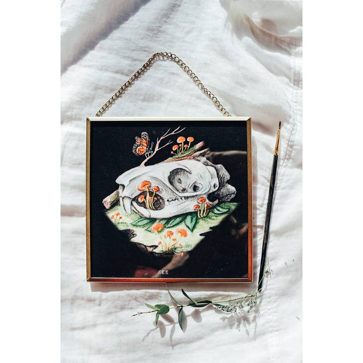 Orange Bonnet Mushrooms And Marmot Skull Framed Print for wholesale by Brevity Art