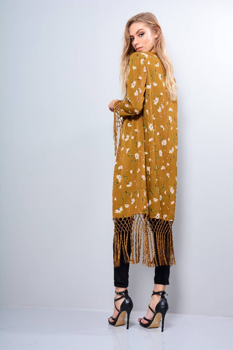 LoveMyStyle - Wholesale Kimono - Women's - LMS Mustard Kimono With Floral Print And Tassel Hem1