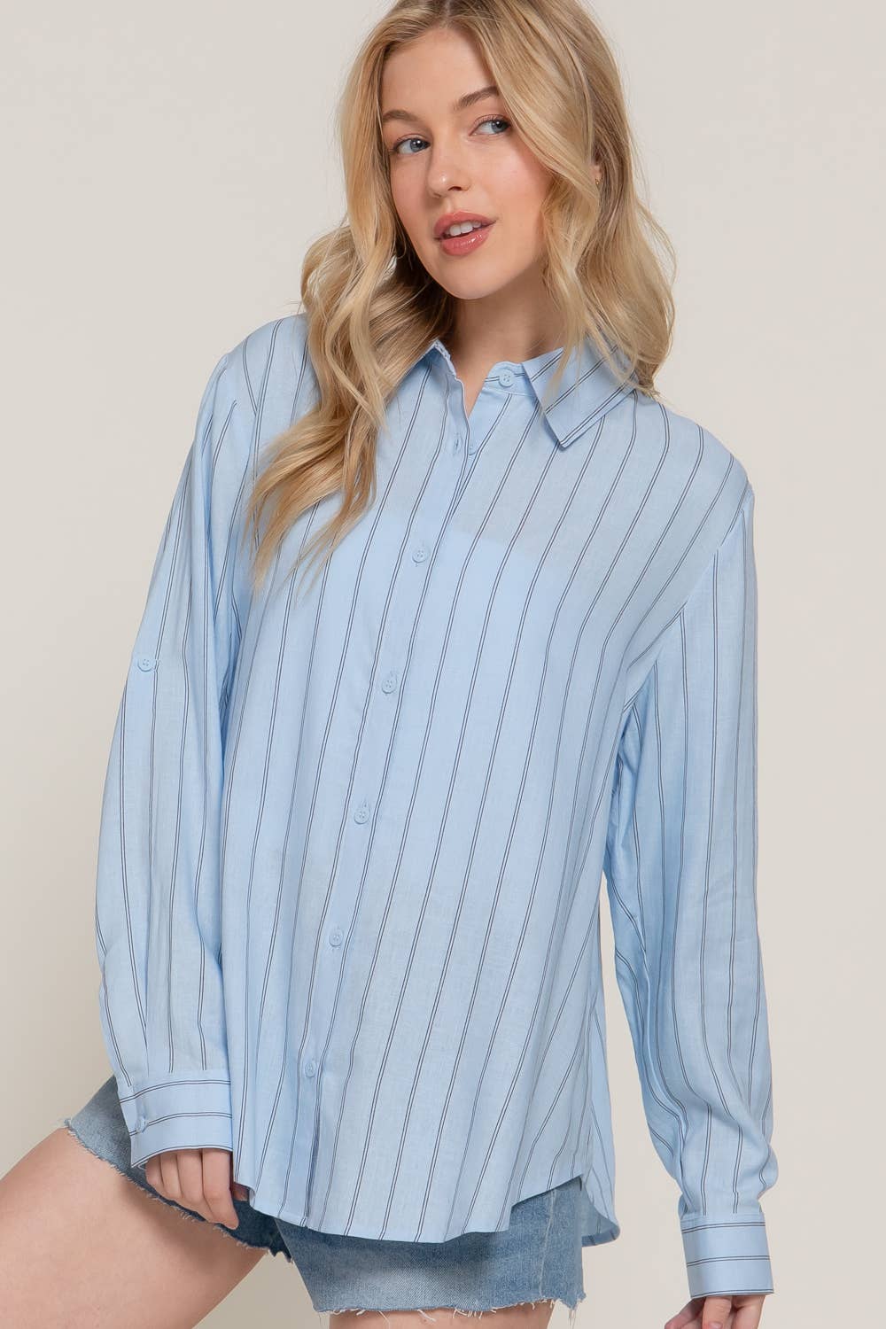 Active Basic | Active USA - Wholesale Button Down Shirt - Women's - Long Sleeve Button Down Stripe Linen Oversized Shirt4