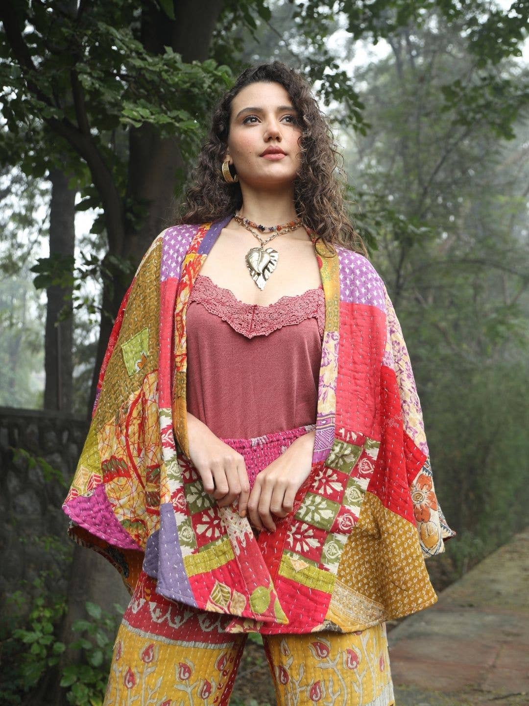 PATCH GRN GLD Bohemian Patchwork Kantha Kimono for wholesale on Faire