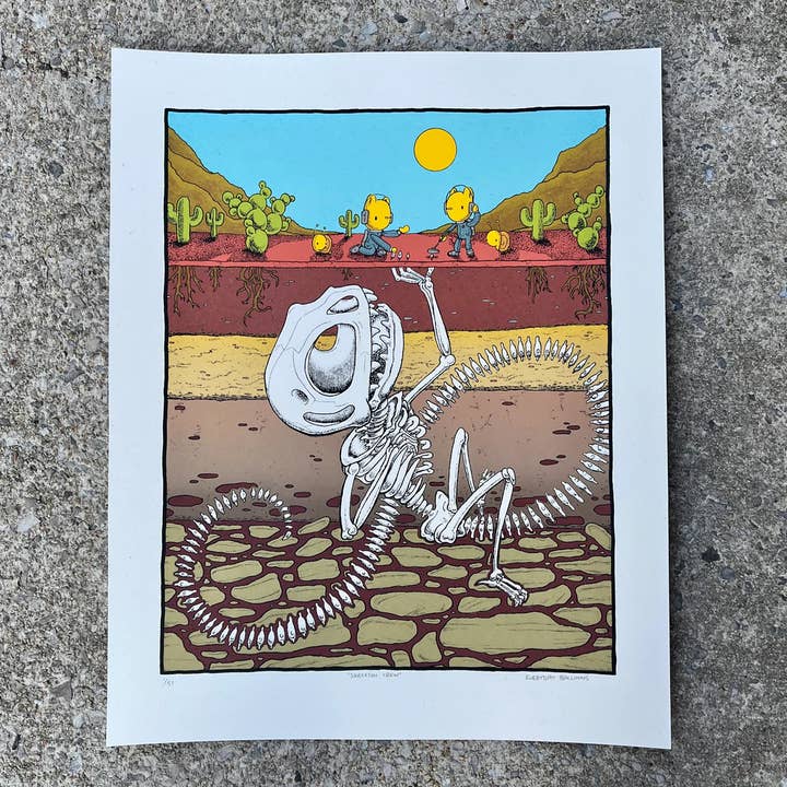 Impression d'écran Skeleton Crew, impression d'art de dinosaure, 40x50 cm pour la vente par everyday balloons print shop