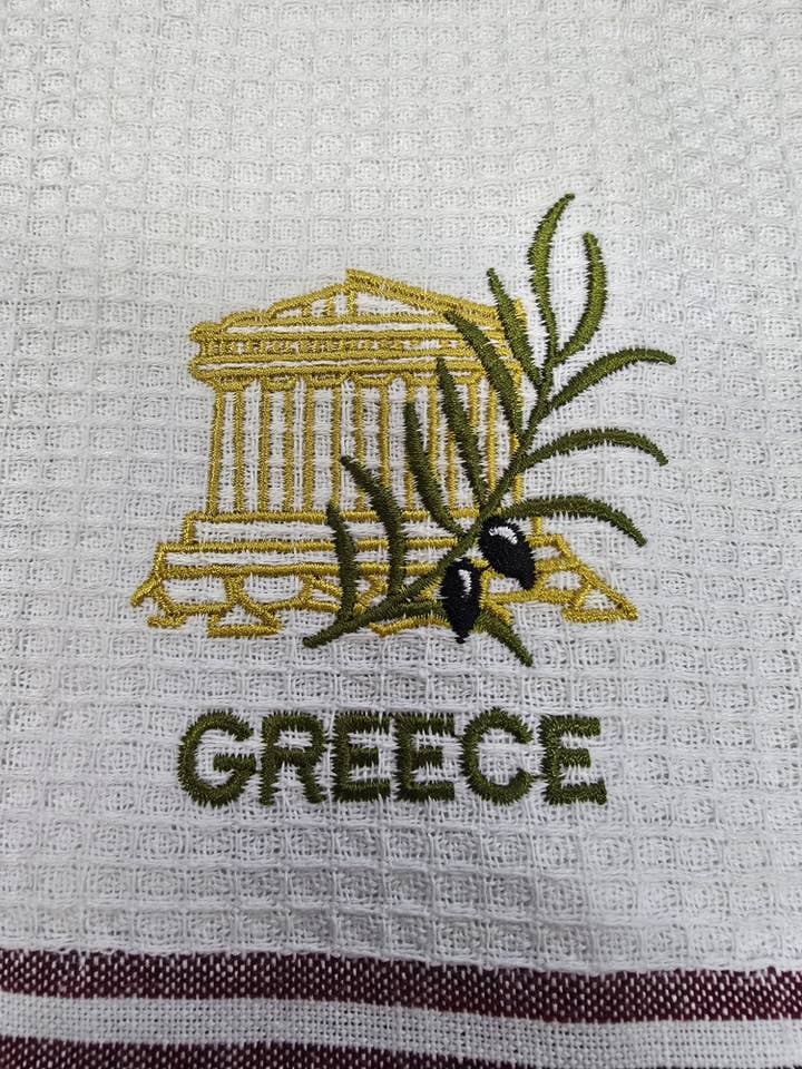 Greek-Themed Embroidered Kitchen Towel – Olive Branch, Parthenon & Meander Border for wholesale by 2 Greeks Inc