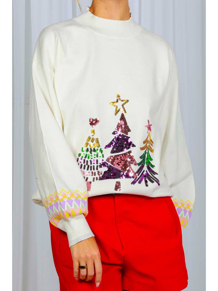 Vine & Love - Wholesale Knit Sweater - Women's - Christmas Tree Embroidery Sequin Crew Neck Sweater VT82023