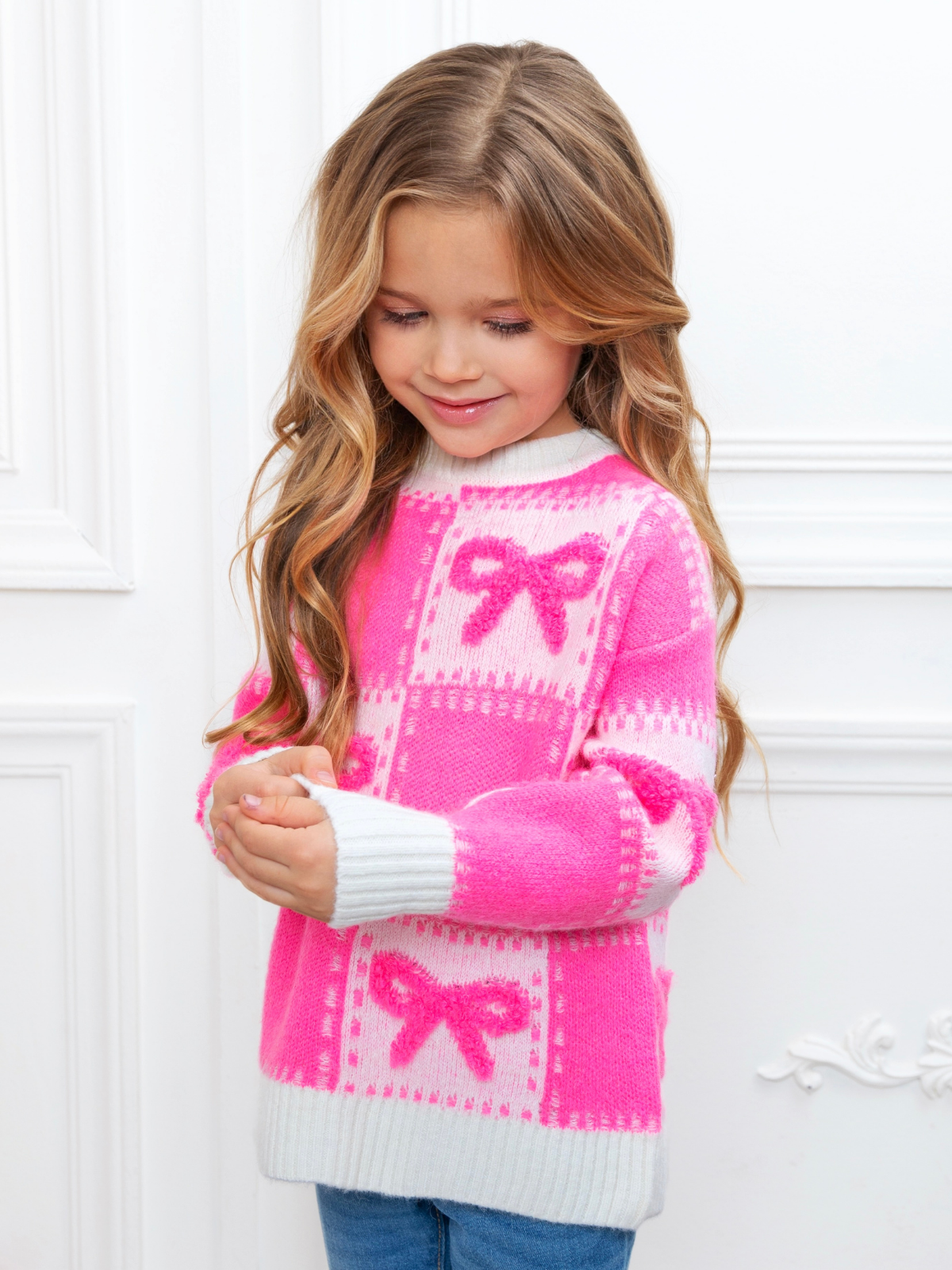 Sweet Bow Pink Checkered Knit Sweater for wholesale on Faire6