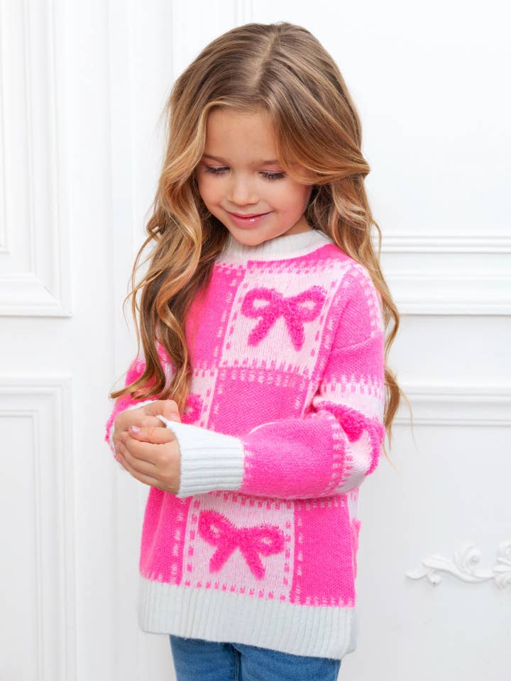 Sweet Bow Pink Checkered Knit Sweater for wholesale on Faire6
