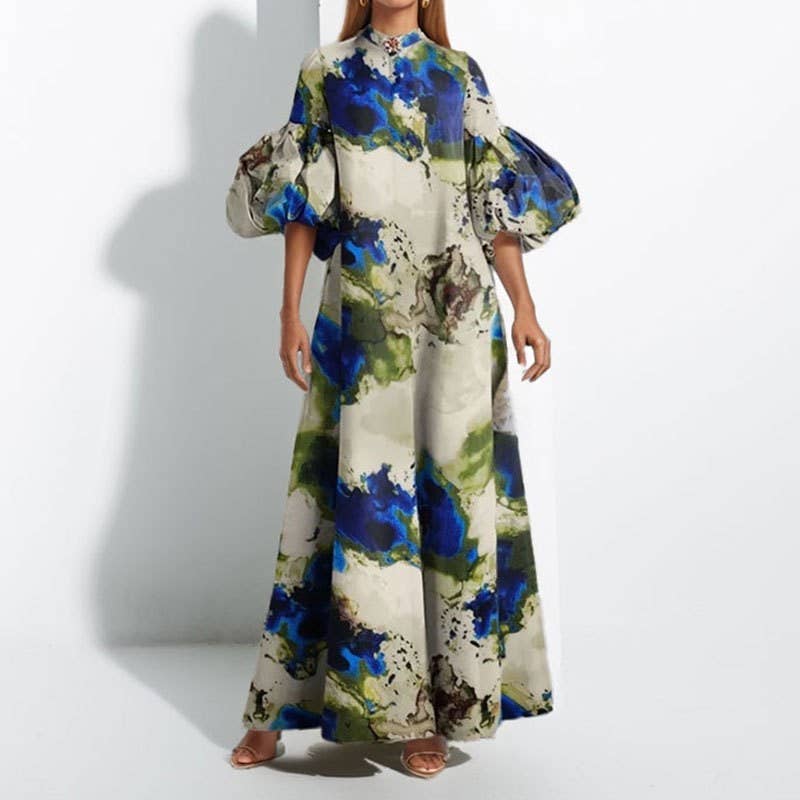 PRINTING Flowy Print Bubble Sleeve Maxi Dress for wholesale on Faire0