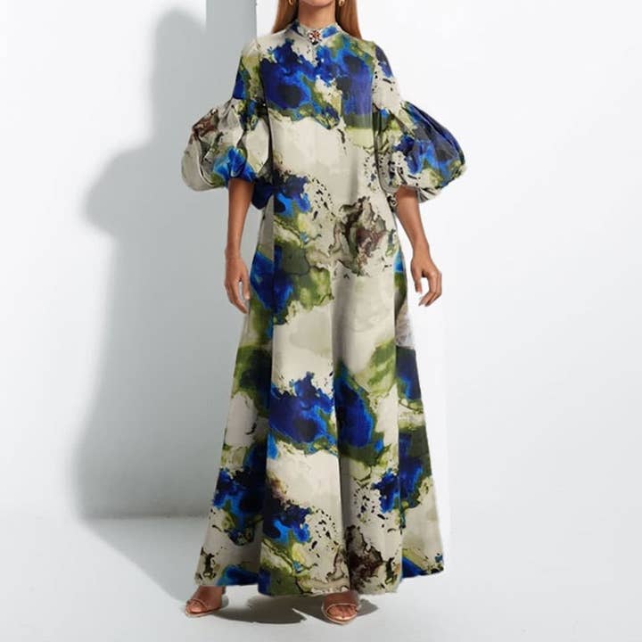 PRINTING Flowy Print Bubble Sleeve Maxi Dress for wholesale on Faire