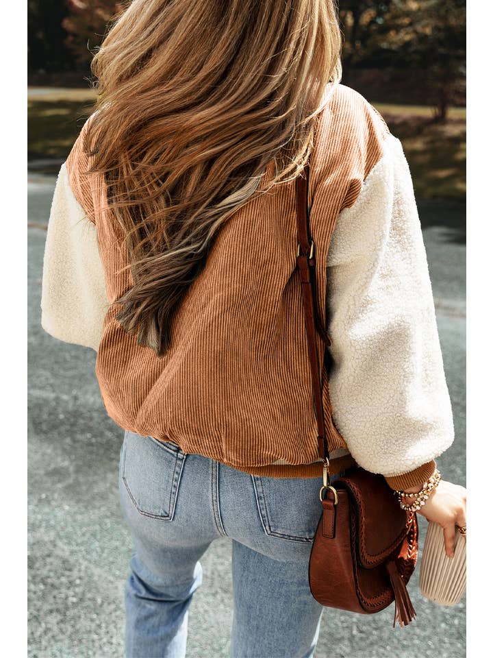 Buckskin LDC Corduroy Fleece Patchwork Buttoned Bomber Jacket for wholesale on Faire