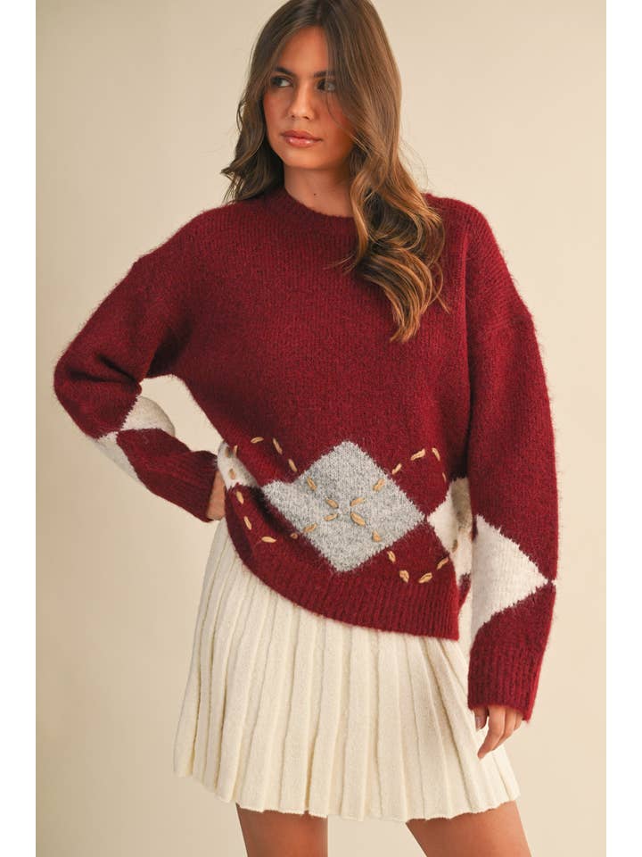 Klesis - Wholesale Knit Sweater - Women's - IT4465 ARGYLE BORDER PRINT SWEATER TOP17