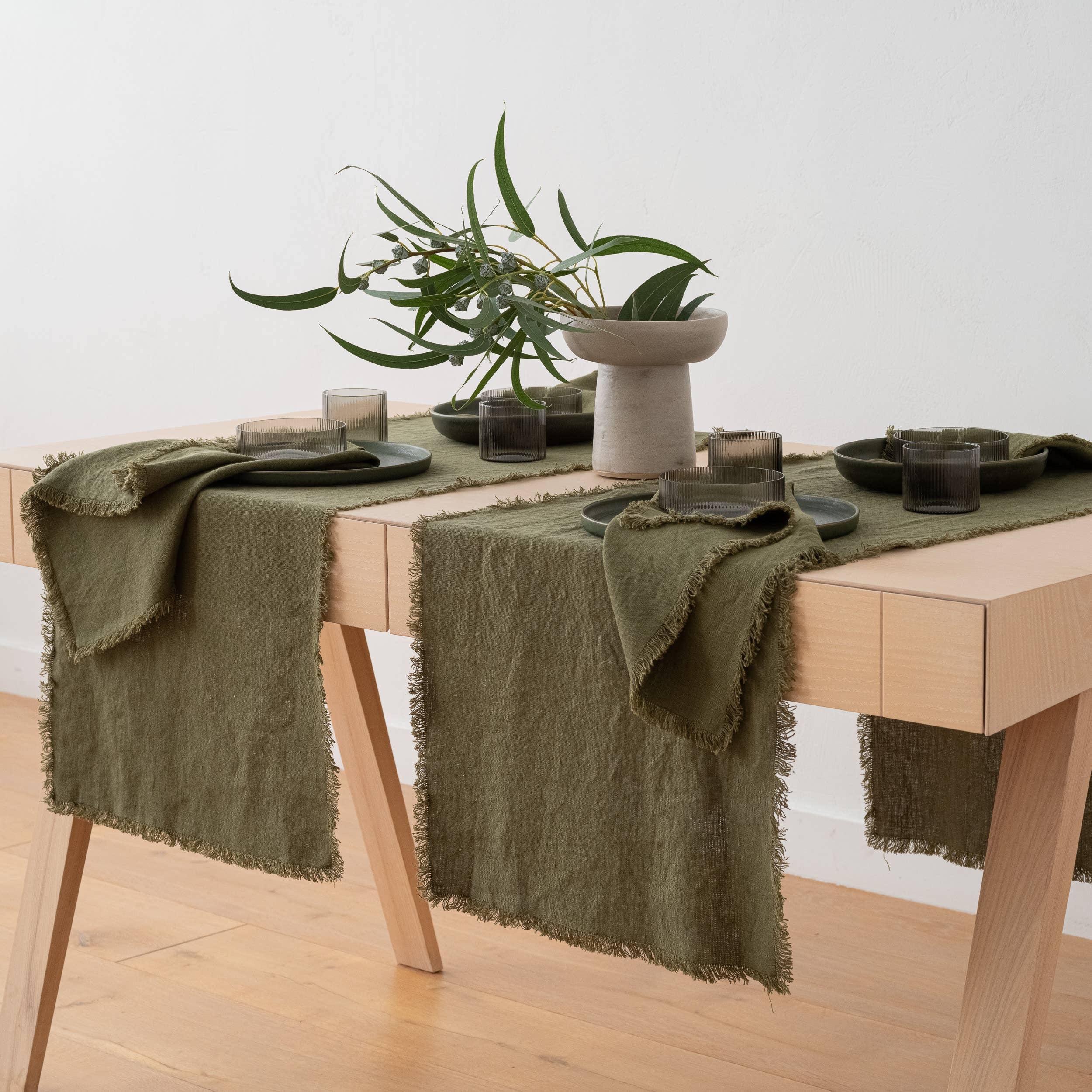 LinenMe - Wholesale Table Runner - Linen Table Runner Olive Green Terra Fringe5