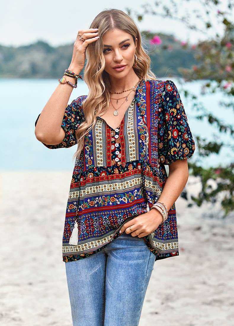 YNIQUE - Vendita all'ingrosso Camicetta - Donna - Camicie e top con scollo a V con stampa floreale boho da donna12