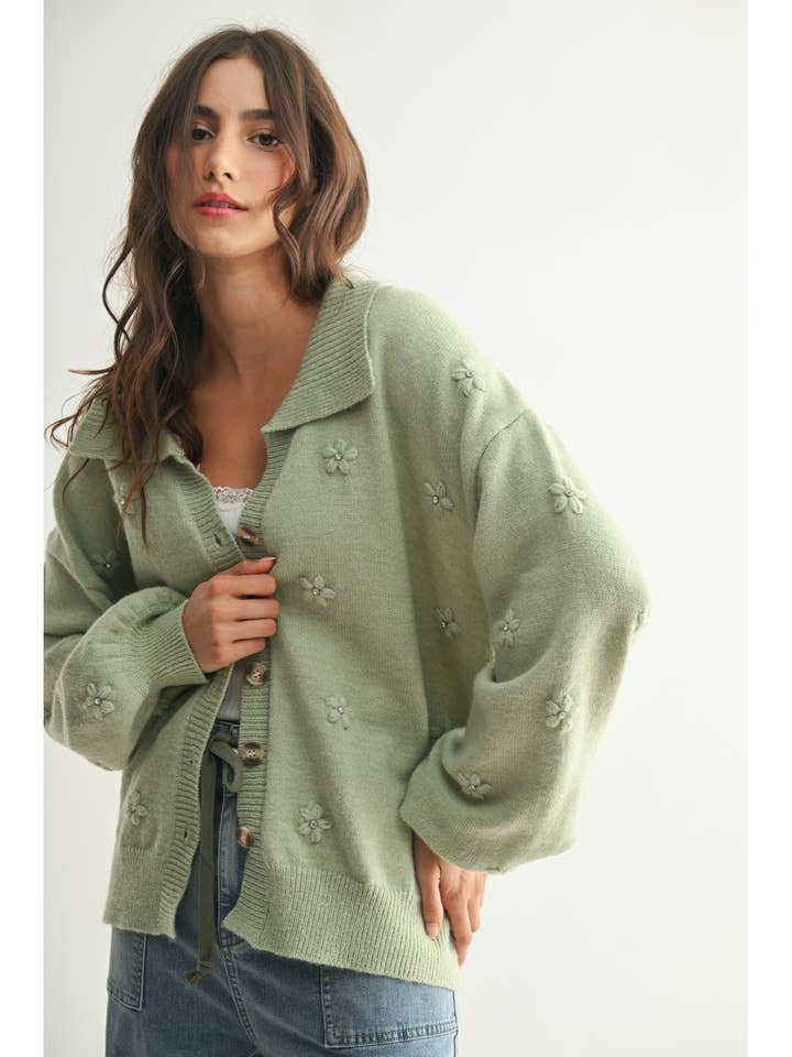 COZY PASTEL CARDGIAN WITH FLORAL EMBELLISHMENTS for wholesale by Camellia