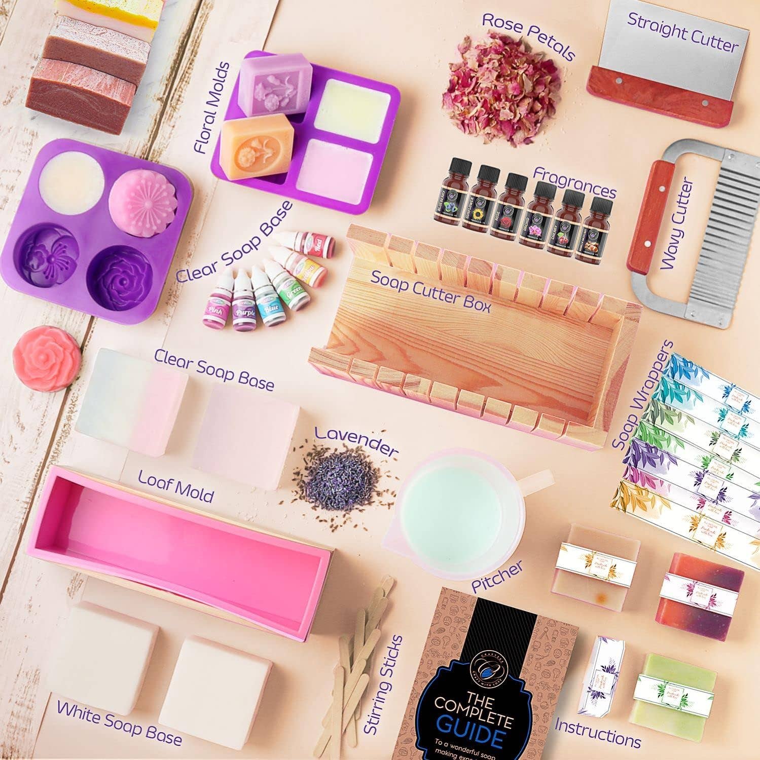 CraftZee - Venta al por mayor Kit de manualidades - Kit grande para hacer jabón con base de jabón de manteca de karité, caja cortadora de jabón, moldes de silicona para pan, fragancias, pétalos de rosa y más1