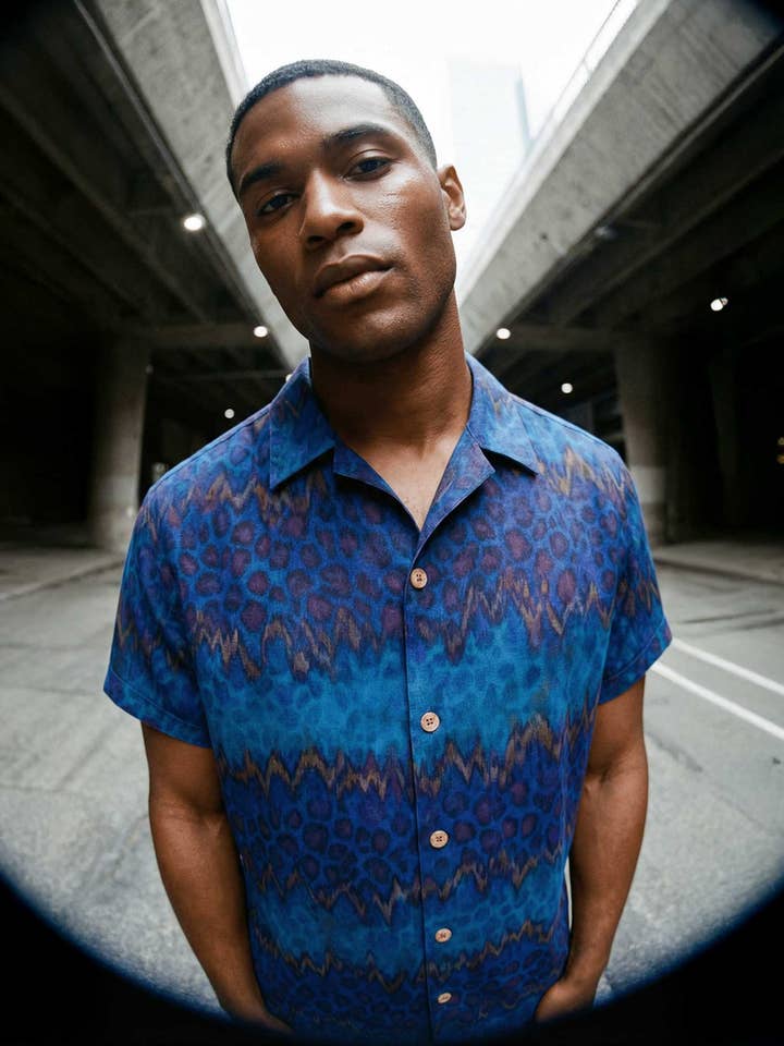 BLUE LEOPARD BUTTON UP SHIRT for wholesale by KALAIA