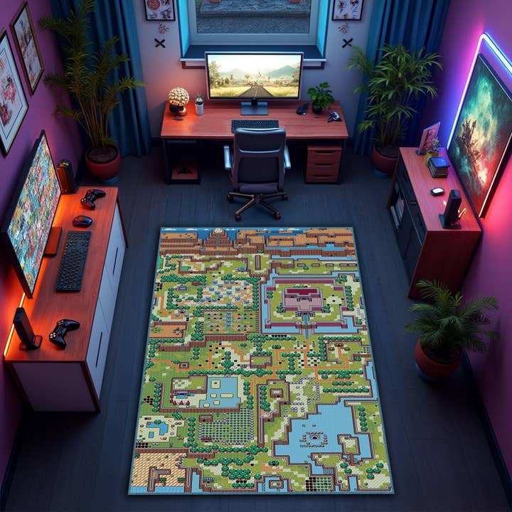 Pixelkunst Gamer Tæppe: Fantasy Eventyrkort, Retro RPG Dekoration for engroshandel hos Rugendary Trade LLC