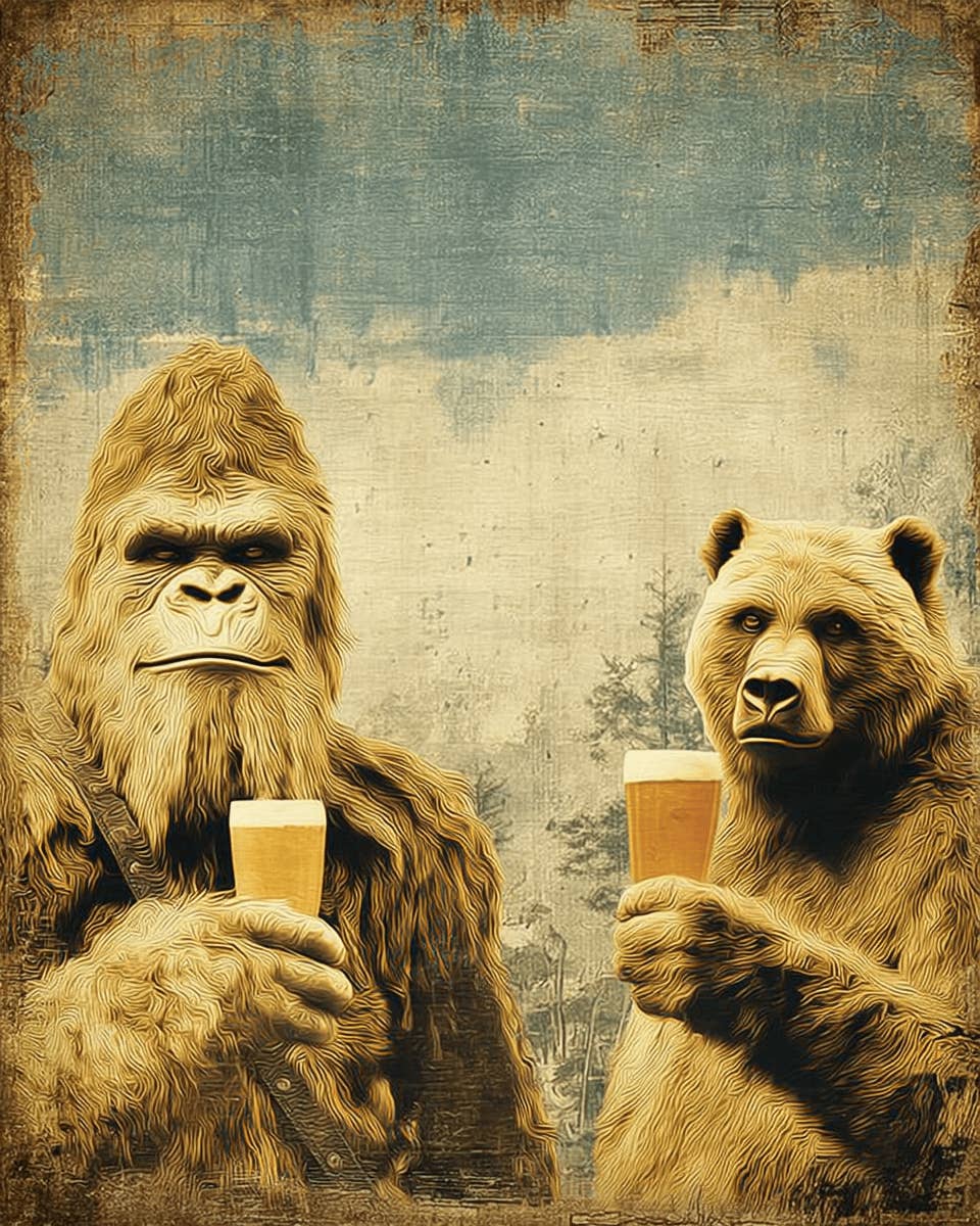 Mowbi - Wholesale Art Print - Beer, Bear & Bigfoot - 8"x10" Artwork for 11"x14" Frame