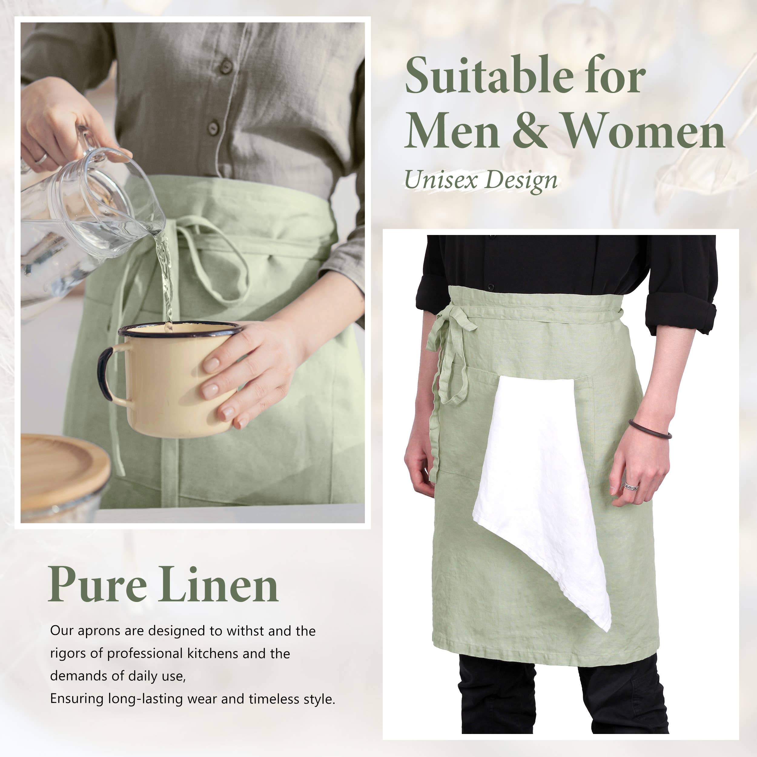 Triton Linen - Vente Tabliers - Tablier Bistro en Lin avec Poches 25 x 35 Pouces - Sauge5