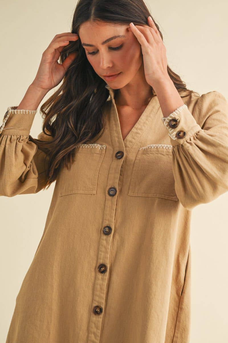 TAUPE Blanket Stitch Button Down Cotton Twill Dress for wholesale on Faire4