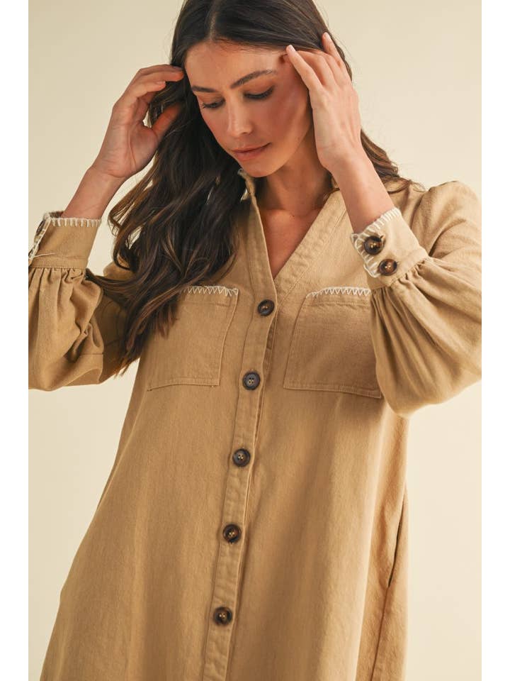 TAUPE Blanket Stitch Button Down Cotton Twill Dress for wholesale on Faire4