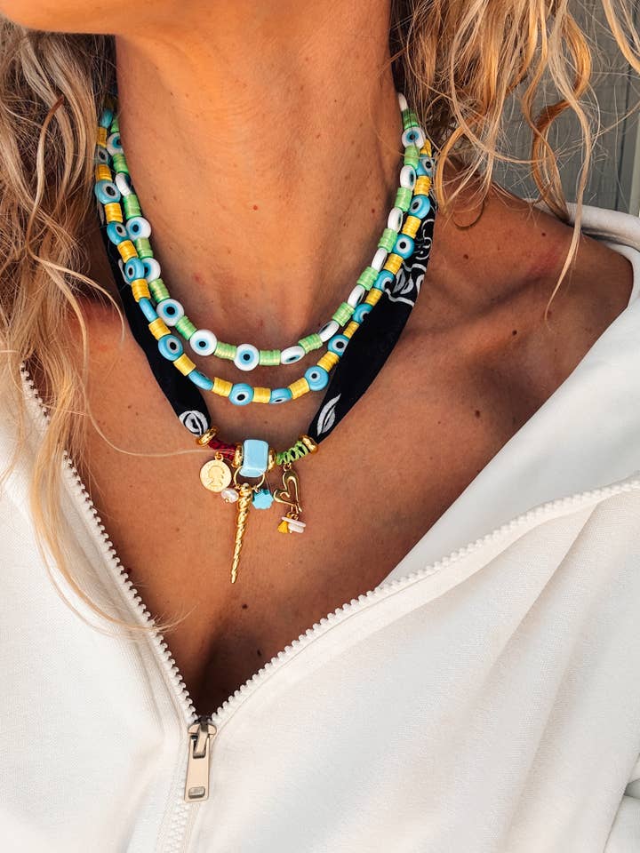 Pañuelo negro bohemio y collares con cuentas y ojo turco coloridos para venta al por mayor de Goupi