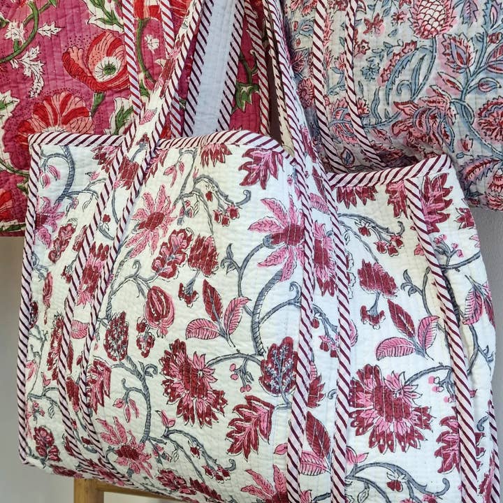 Meghcraft - Wholesale Tote Bag - Women's - Floral Cotton Quilted Block Print Tote Bag-Beach Bag totes