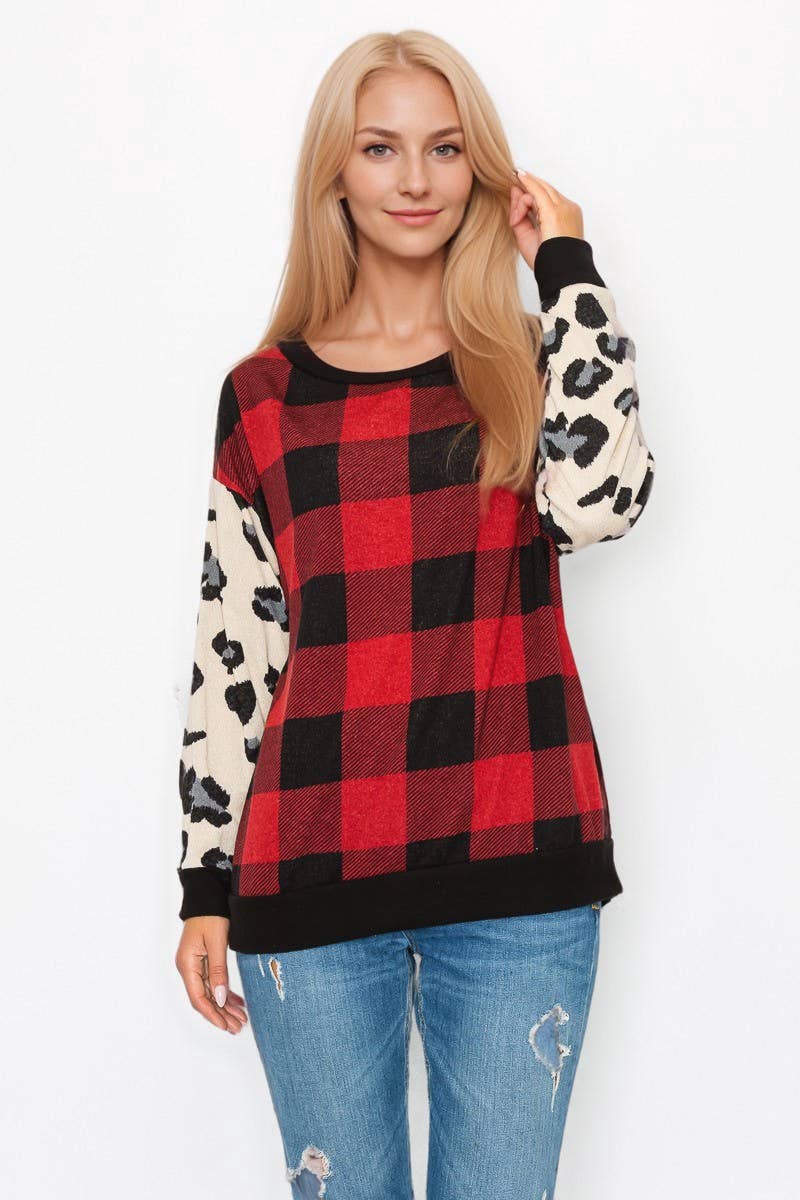 Röd 10599L195 Rutig med djurmotiv Långärmad topp för wholesale på Faire2