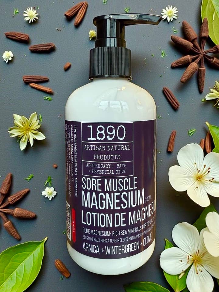 Sore Muscle Magnesium Lotion (Arnica, Wintergreen, Clove) for wholesale by 1890 Natural Bath Co