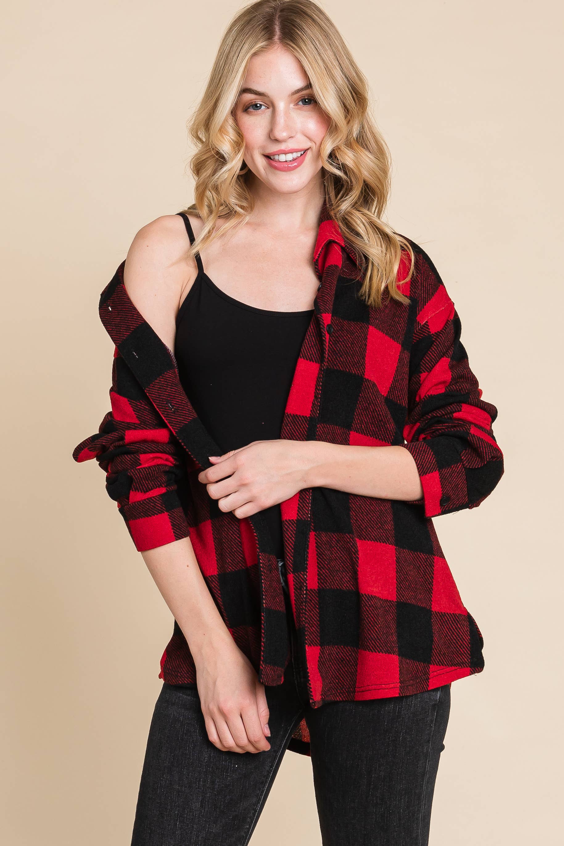Red Black ETK-8641 Buffalo Plaid Button Up Shirt for wholesale on Faire