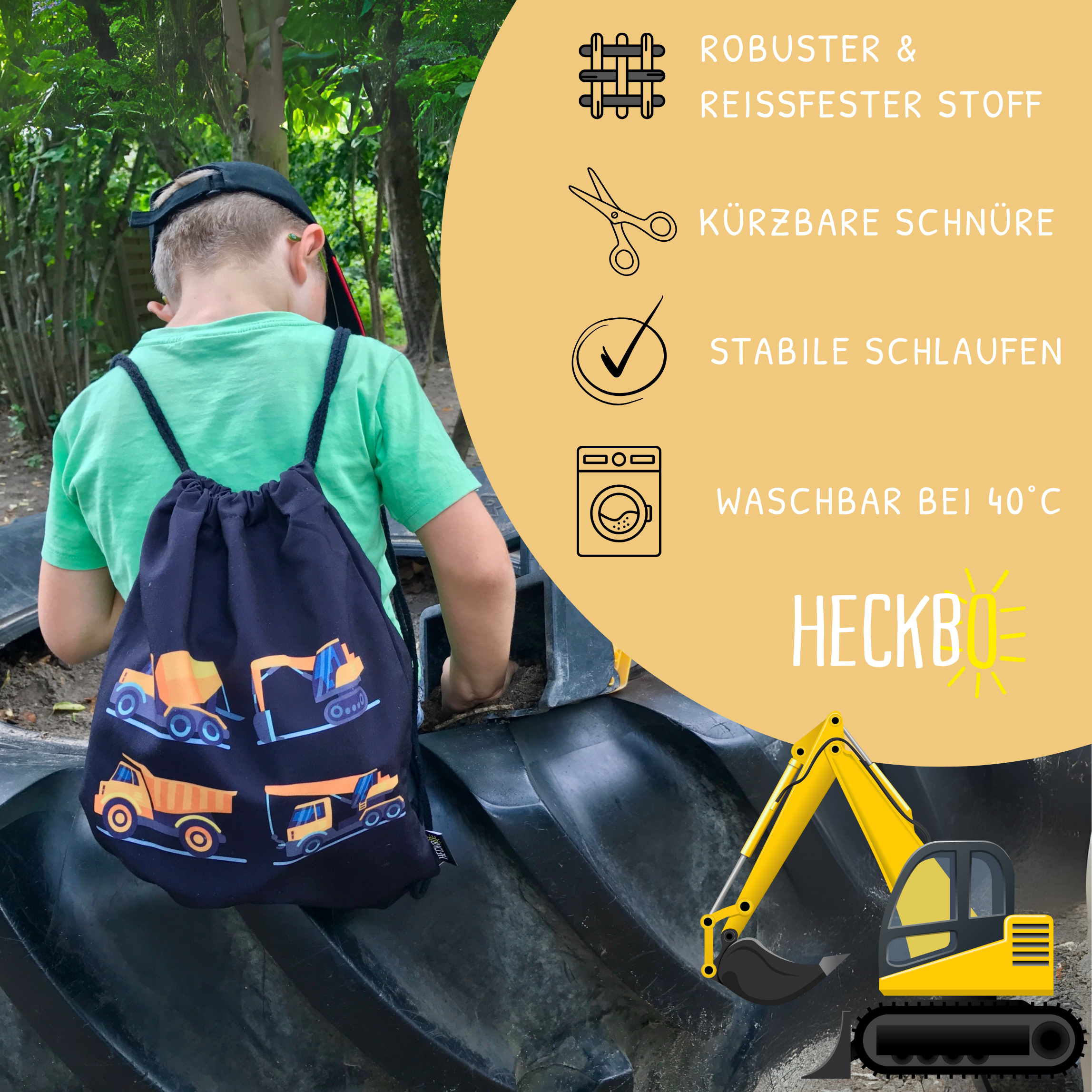 HECKBO - Vente Sac à cordon de serrage – enfant - Sac de sport 4 véhicules de chantier noir1