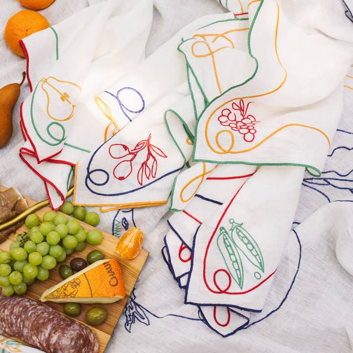 Multicolor Fruits Veggies Fête Embroidered Linen Napkins (Set of 4) for wholesale on Faire