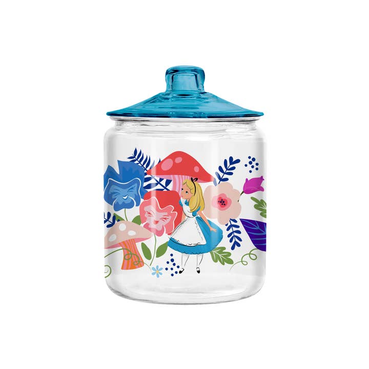 Silver Buffalo - Wholesale Jar - Alice in Wonderland Flowers and Mushrooms 6” Glass Jar w Lid