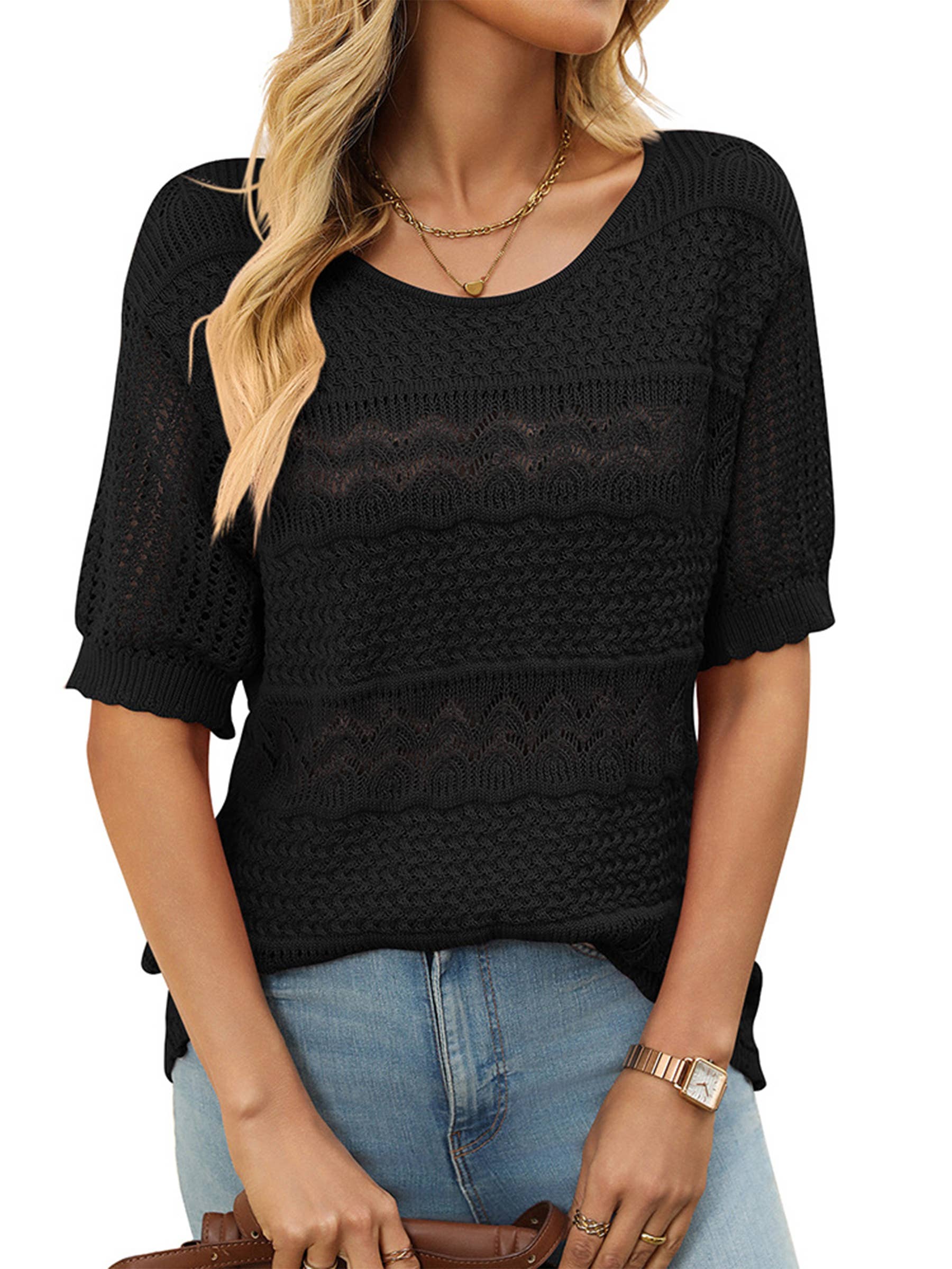 Wholesalesir - Wholesale Knit Top - Women's - Round Neck Hollowed Out Short Sleeved Top2