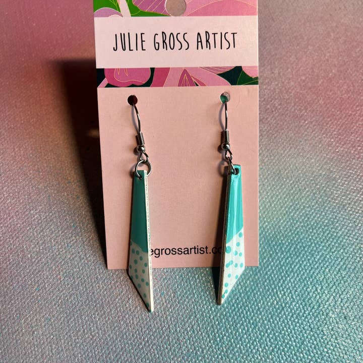Julie Gross Artist - Wholesale Dangle Earrings - Teal and White Geometric Dangle Earrings