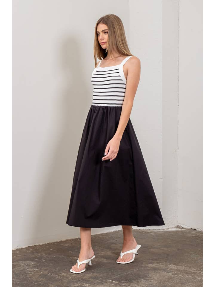 Moon River - Wholesale Dress - Women's - SQUARE NECK SWEATER KNIT MIX MEDIA MIDI DRESS