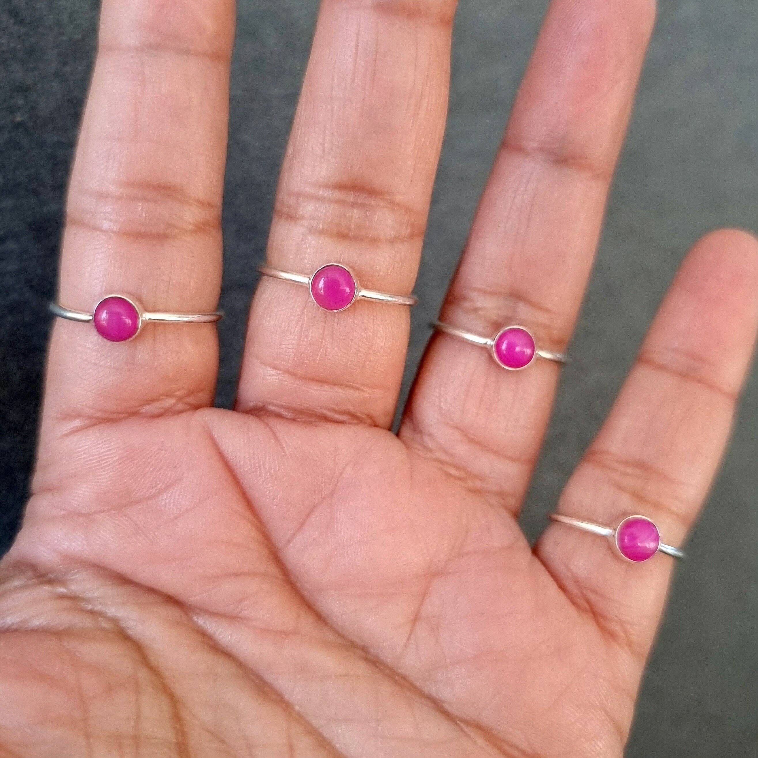 Mistry Gems - Wholesale Single Stone/Solitaire Ring - 5mm Round HOT Pink Agate Stacking Ring | 925 Sterling Silver4