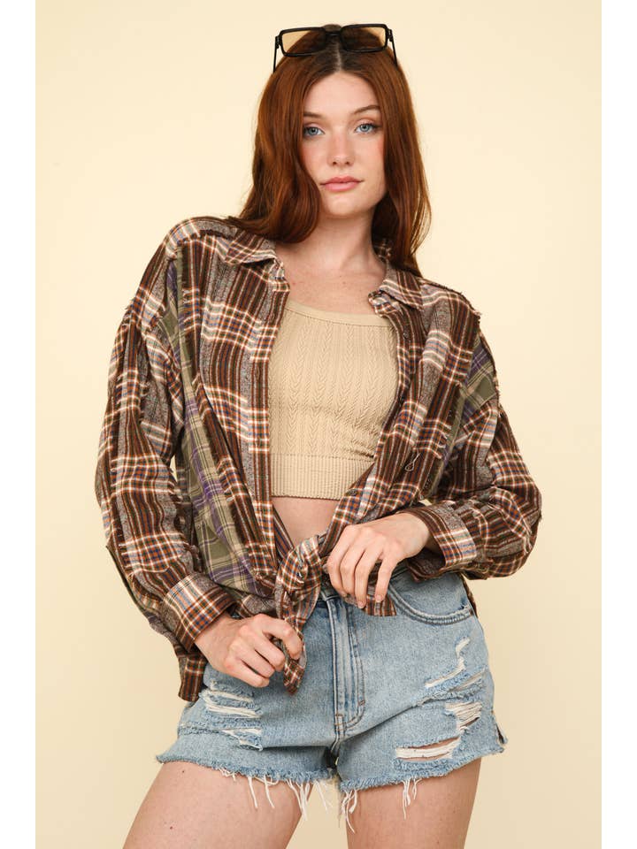VERY J - Wholesale Button Down Shirt - Women's - NT11681-Contrast Plaid Detail Casual Shirt Top