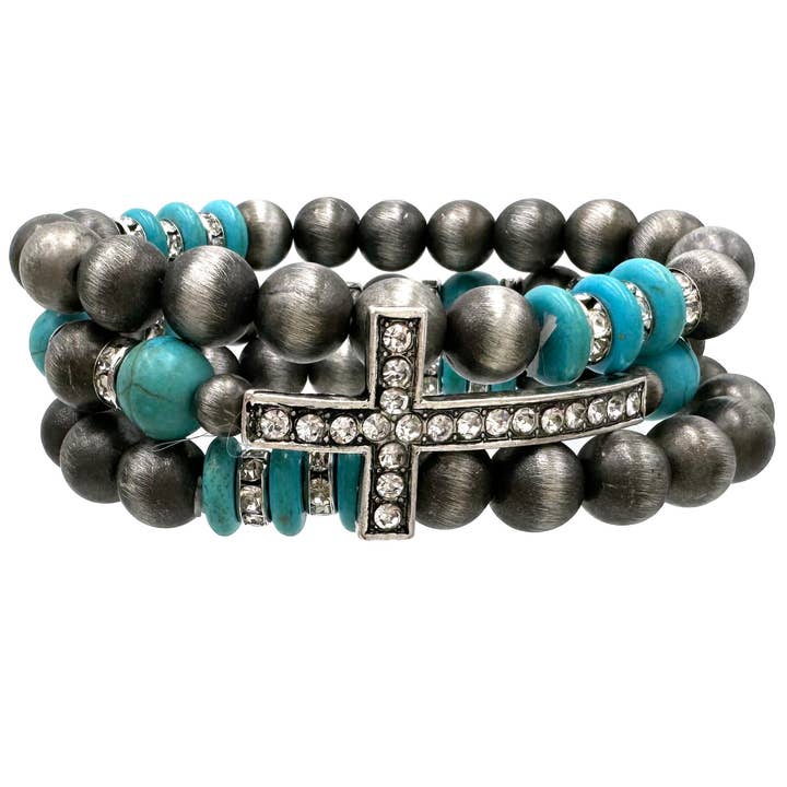 Driedelige armband met gekruiste turquoise navajo-kralen voor wholesale door Lunar Deer