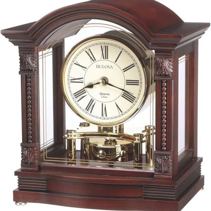 Playful Tail - Wholesale Mantel Clock - Bulova B1987 Bardwell Walnut Wood Chiming Anniversary Tabletop Mantel Clock
