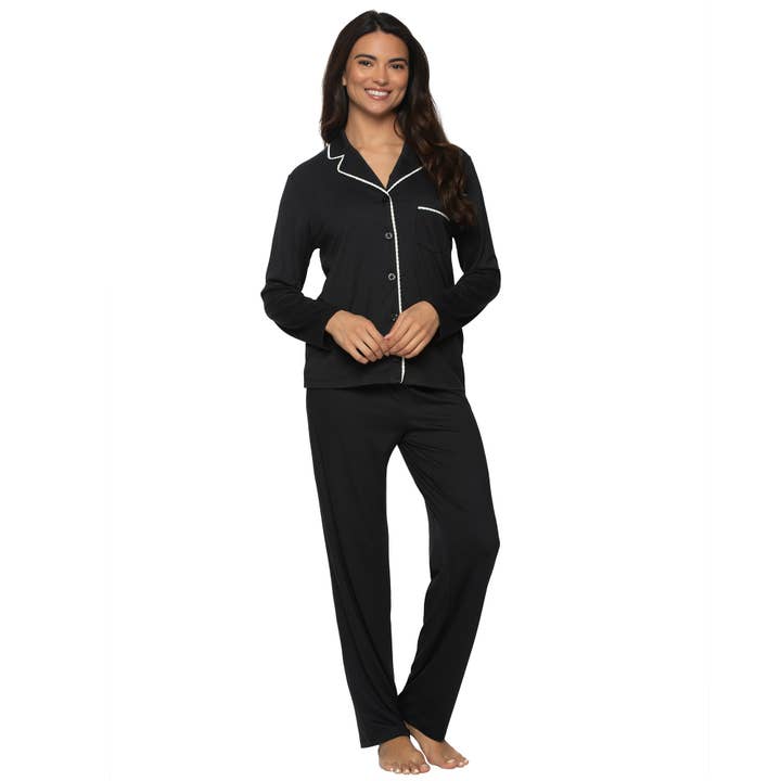 Jessie Stretch Jersey Long Sleeve & Pants PJ Set - Black for wholesale on Faire