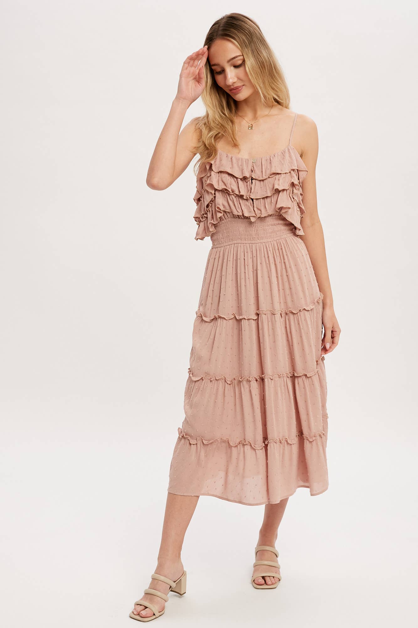 Bluivy – Großhandel Kleid – Damen – GESTUFTES MIDIKLEID MIT SCHWEIZER PUNKTEN UND RÜSCHEN10