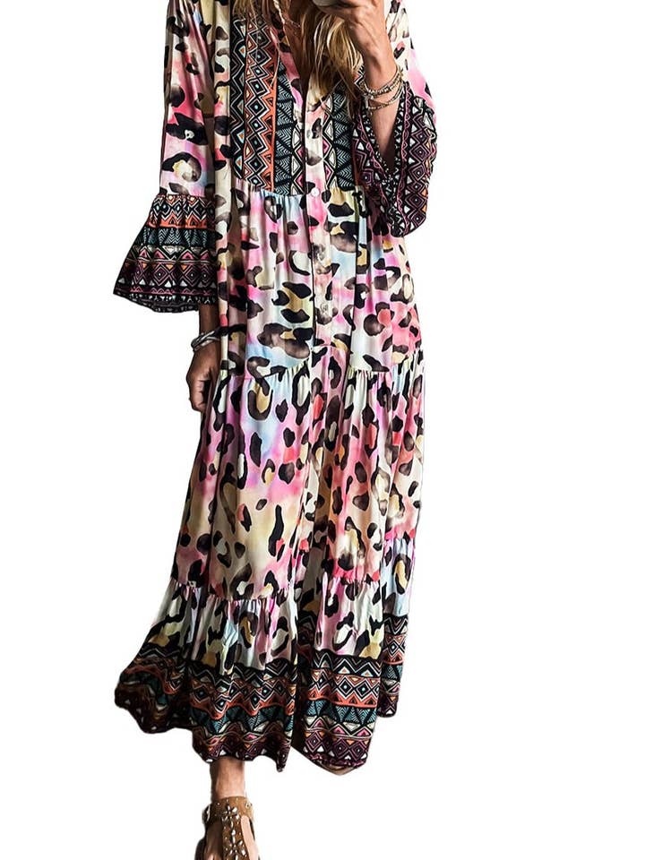 Rosa Western Leopard Tired Maxiklänning för wholesale på Faire